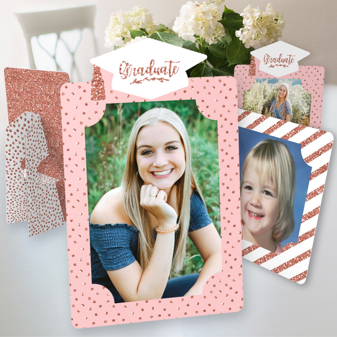 Big Dot of Happiness Rose Gold Grad - Graduation Party 4x6 Picture Display - Paper Photo Frames - Set of 12